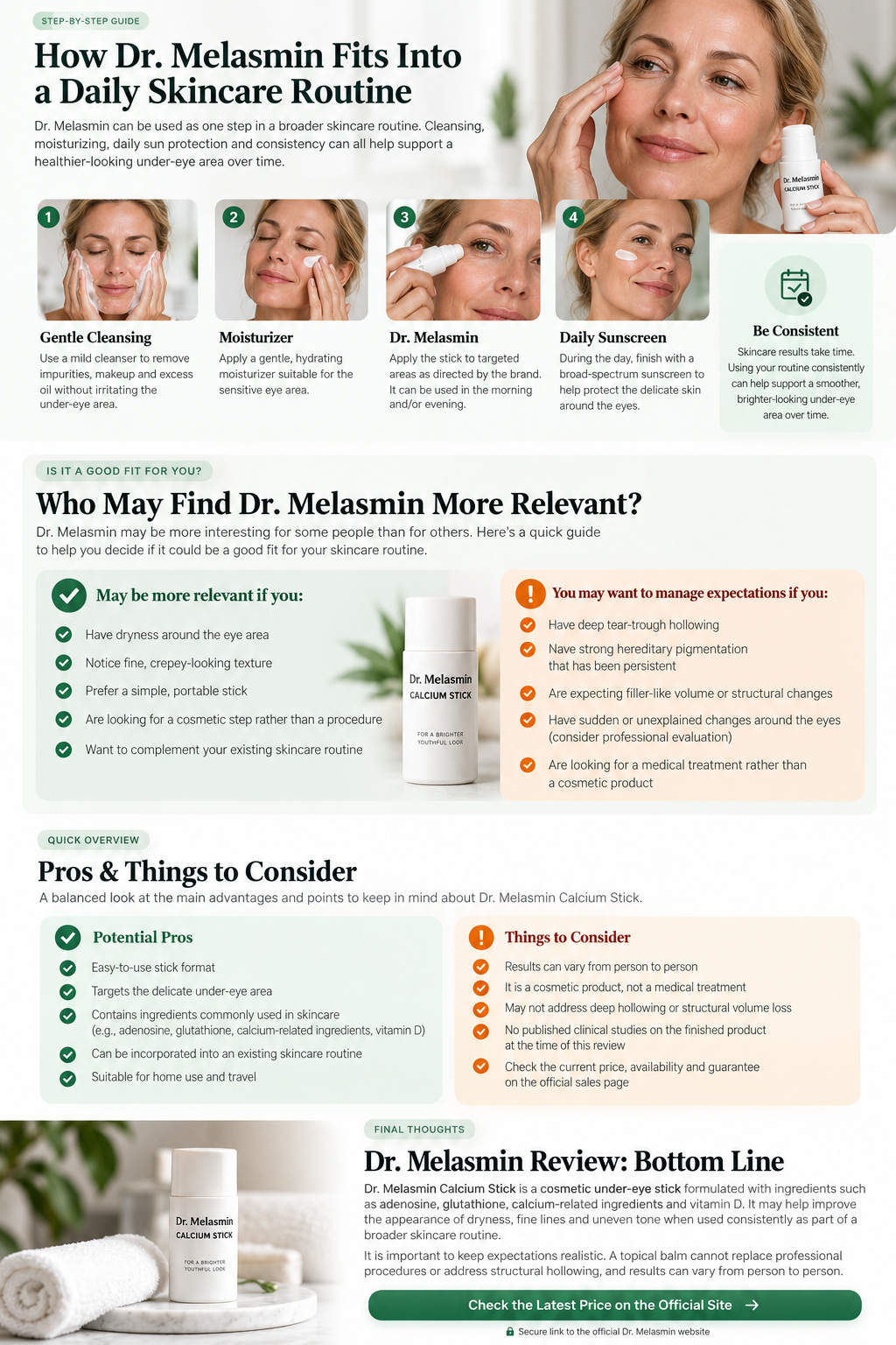 Daily skincare routine showing cleansing, moisturizer, Dr. Melasmin Calcium Stick and sunscreen