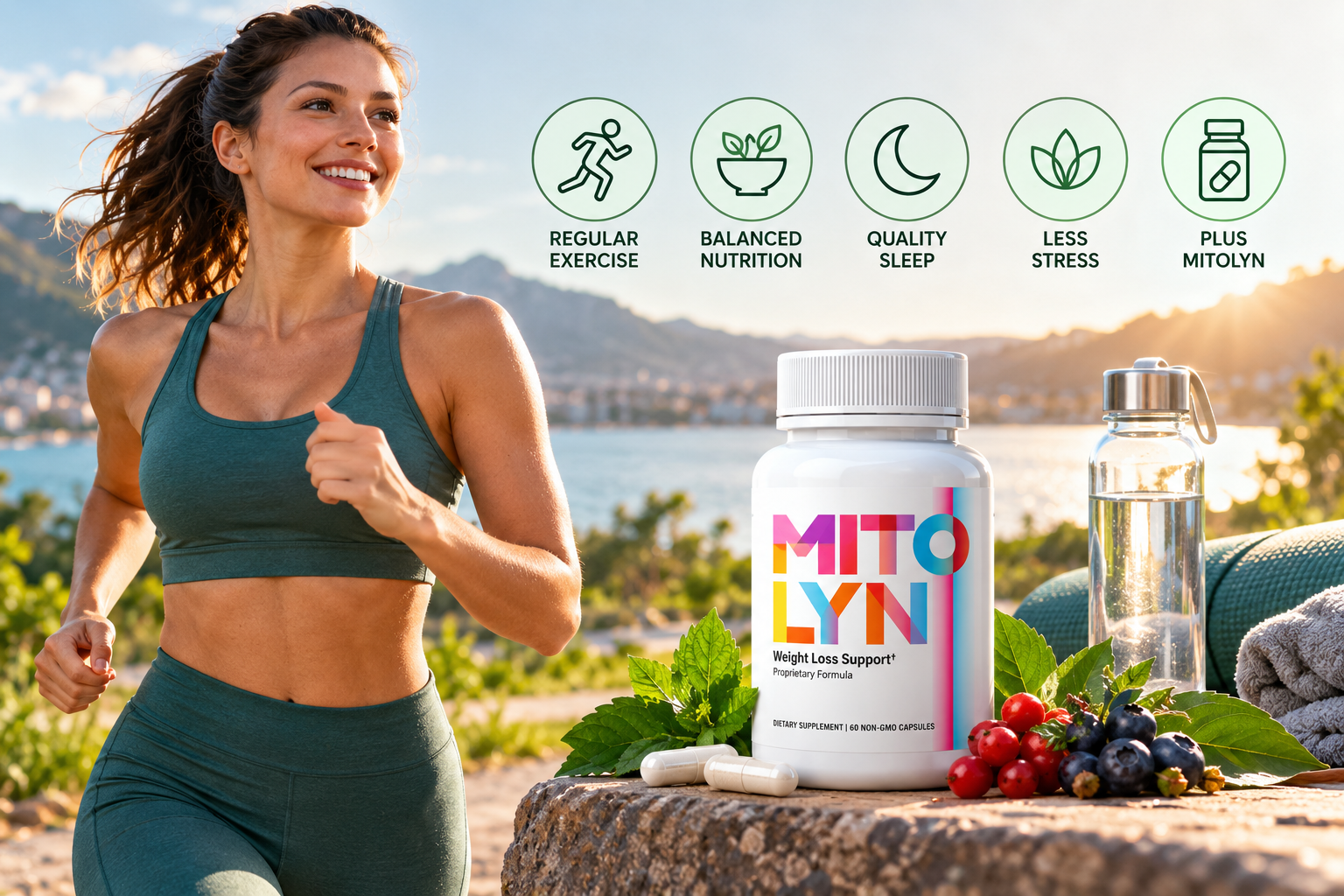 Healthy active lifestyle with exercise, balanced nutrition, sleep, stress management and Mitolyn as part of a broader wellness routine